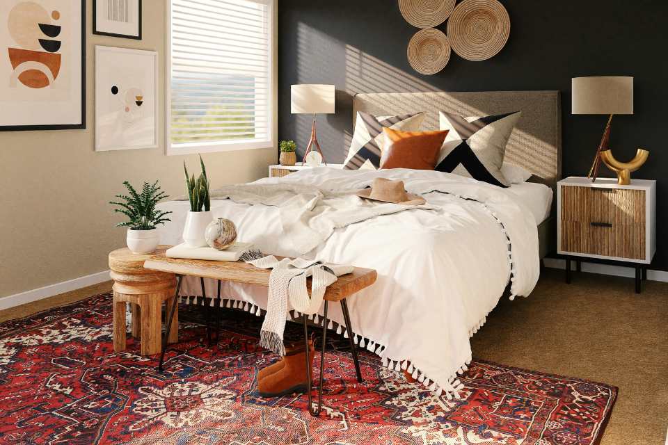 maximalist style bedroom with black accent wall and beige carpet paired with a red patterned carpet